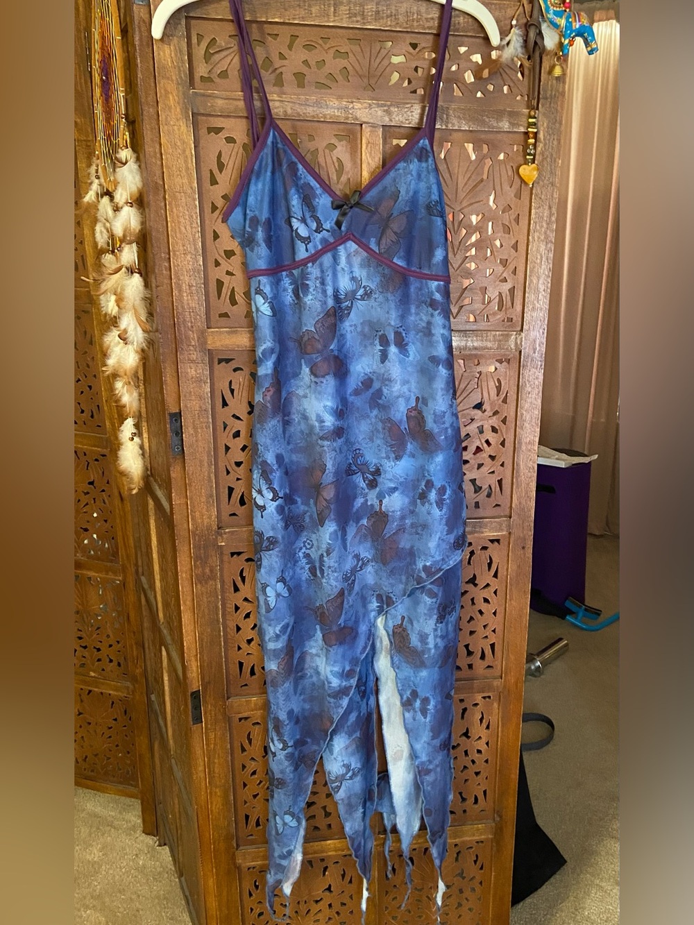 Blue Floral Slip Dress with Purple Trim